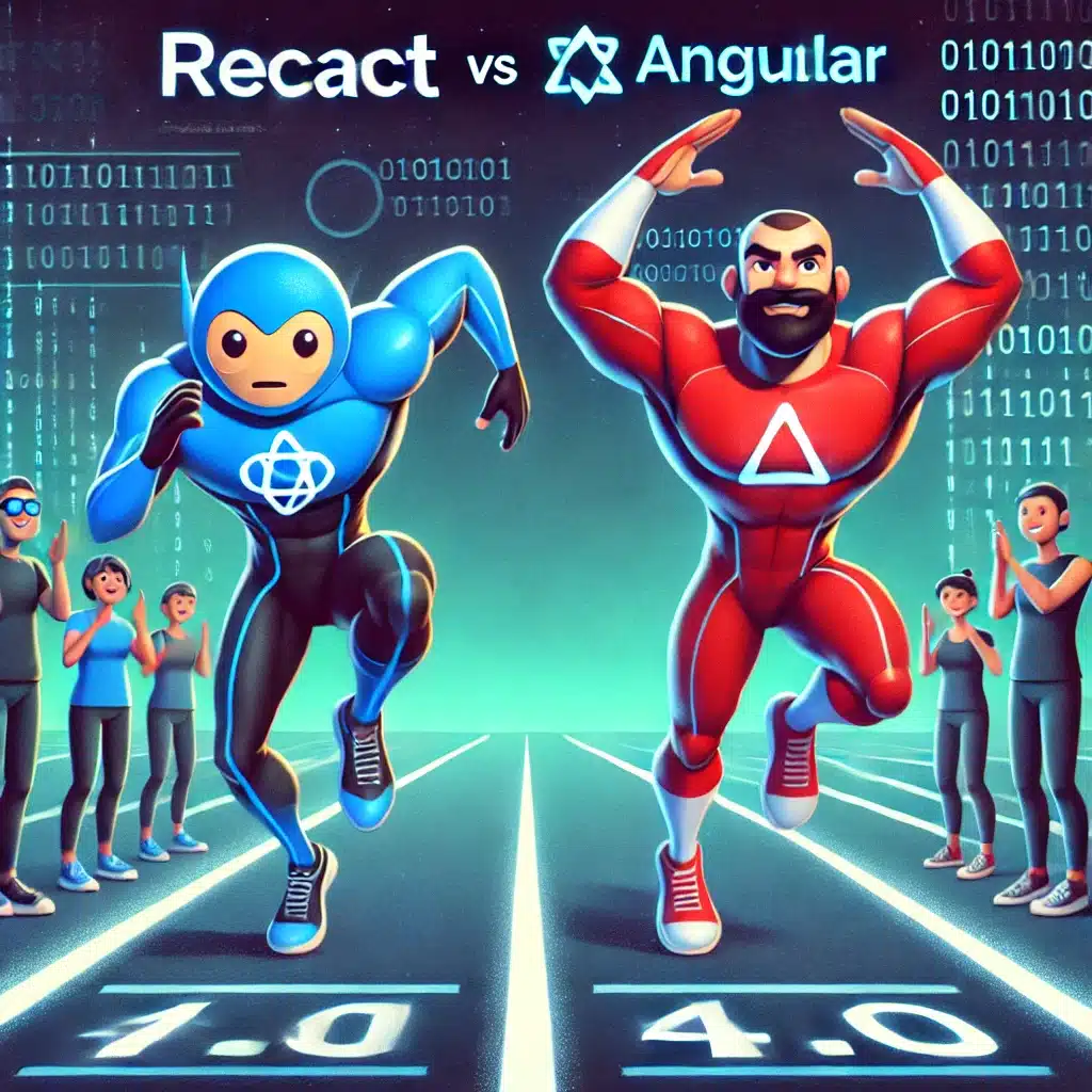 Gráfico divertido con React y Angular como personajes en una carrera de velocidad