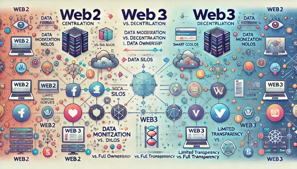 Gráfico comparativo entre Web2 y Web3 destacando descentralización, propiedad de datos y transparencia